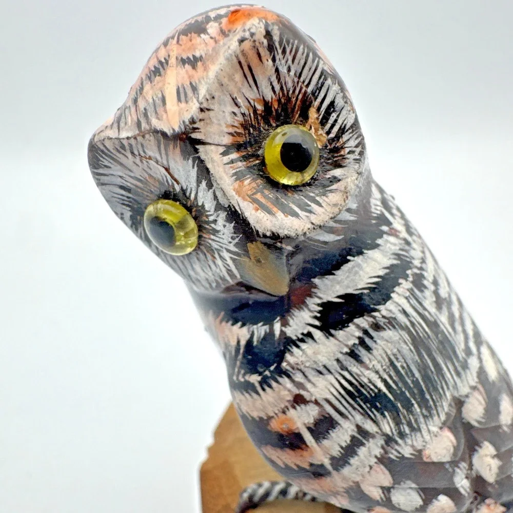 Hand Carved Wood Owl Sculpture Bird on Branch Hand Painted 4.25